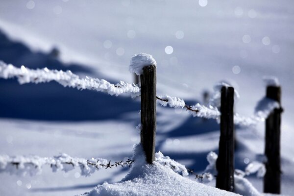 Забор, засыпанный снегом. Зимняя природа