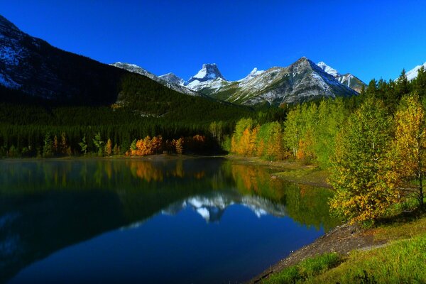 Autumn lake with beautiful overflows