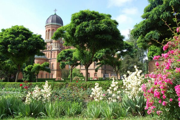Ukrainian Cathedral in a garden of trees and flowers