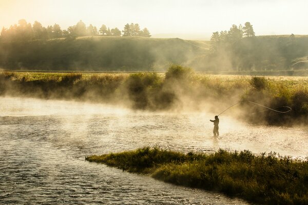 Morning river fisherman forest landscape