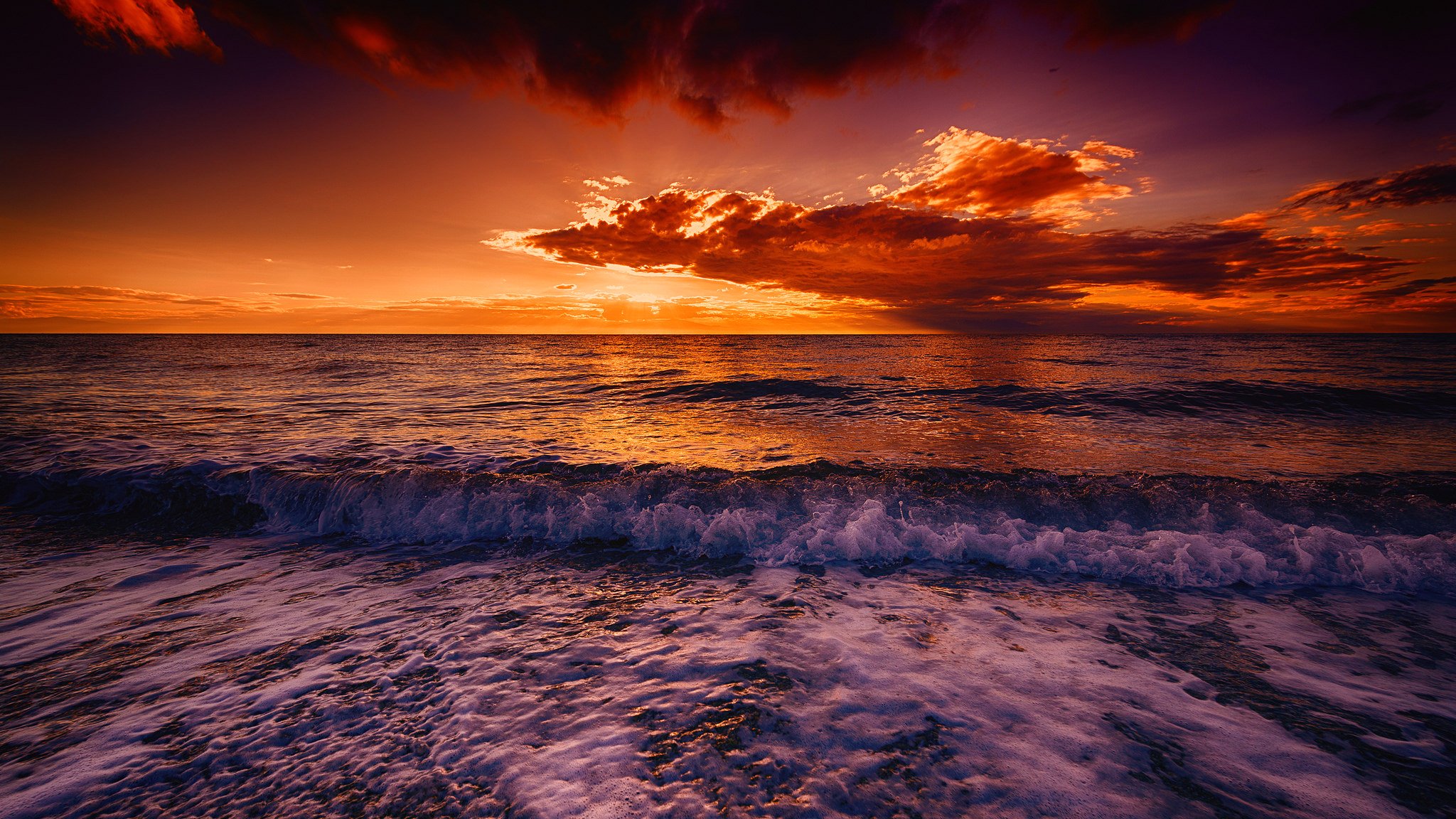 ky clouds glow sea shore waves surf