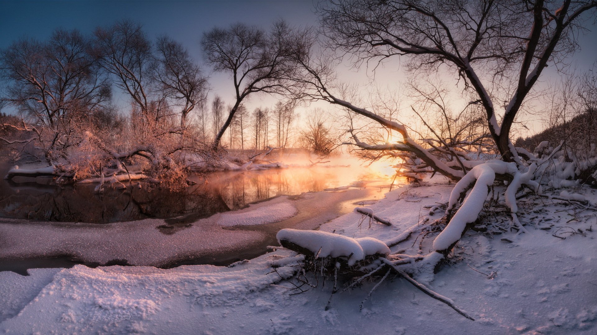 rivière hiver coucher de soleil