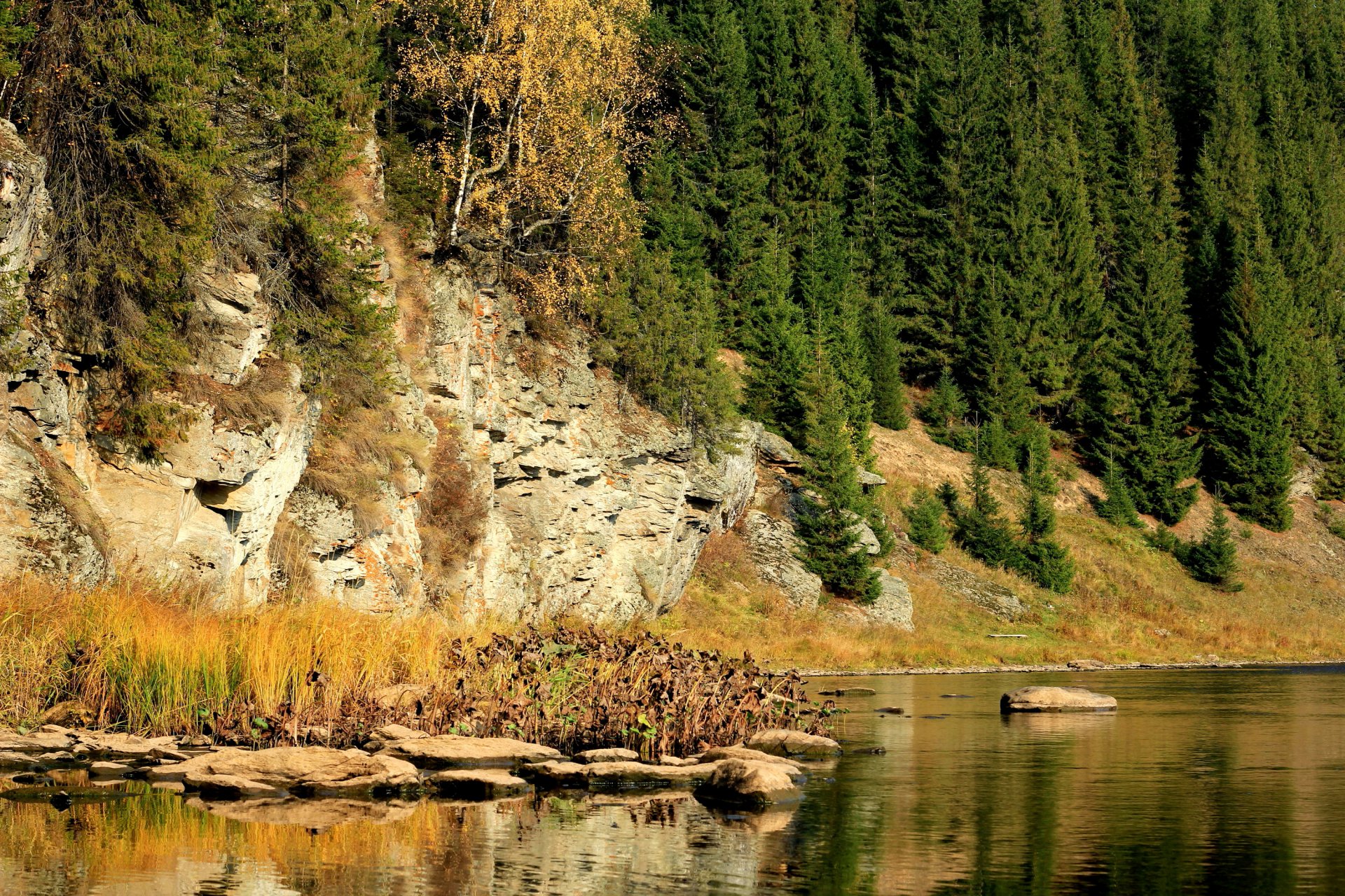 russia perm krai koiva fiume rocce pietre alberi autunno