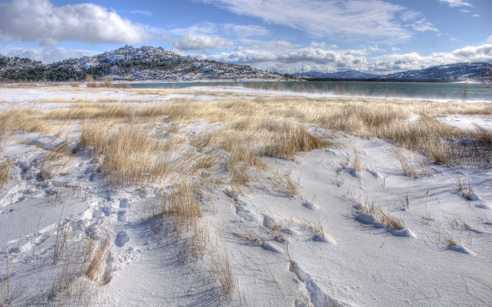 now grass winter lake mountain hill