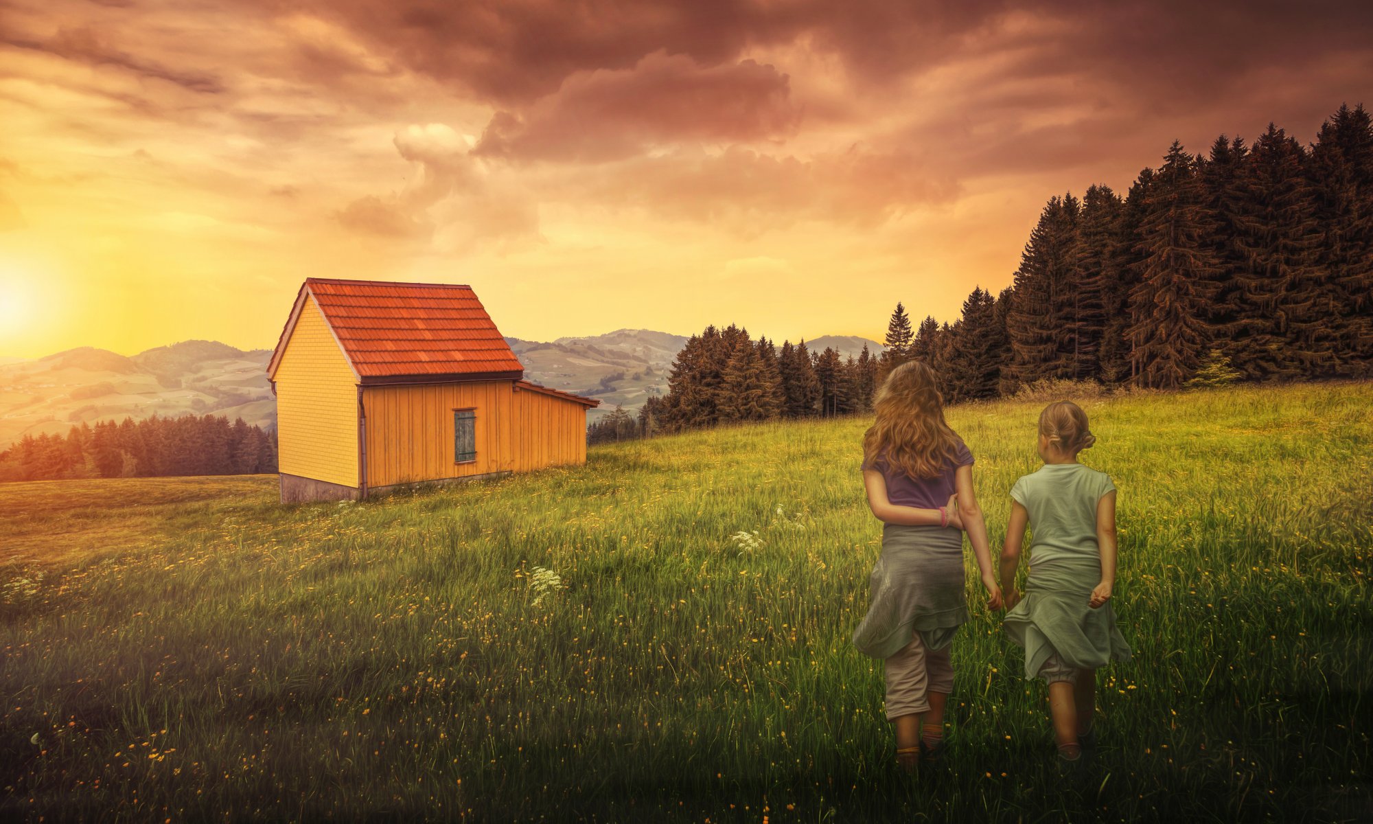 rückkehr feld bäume haus hügel himmel behandlung mädchen