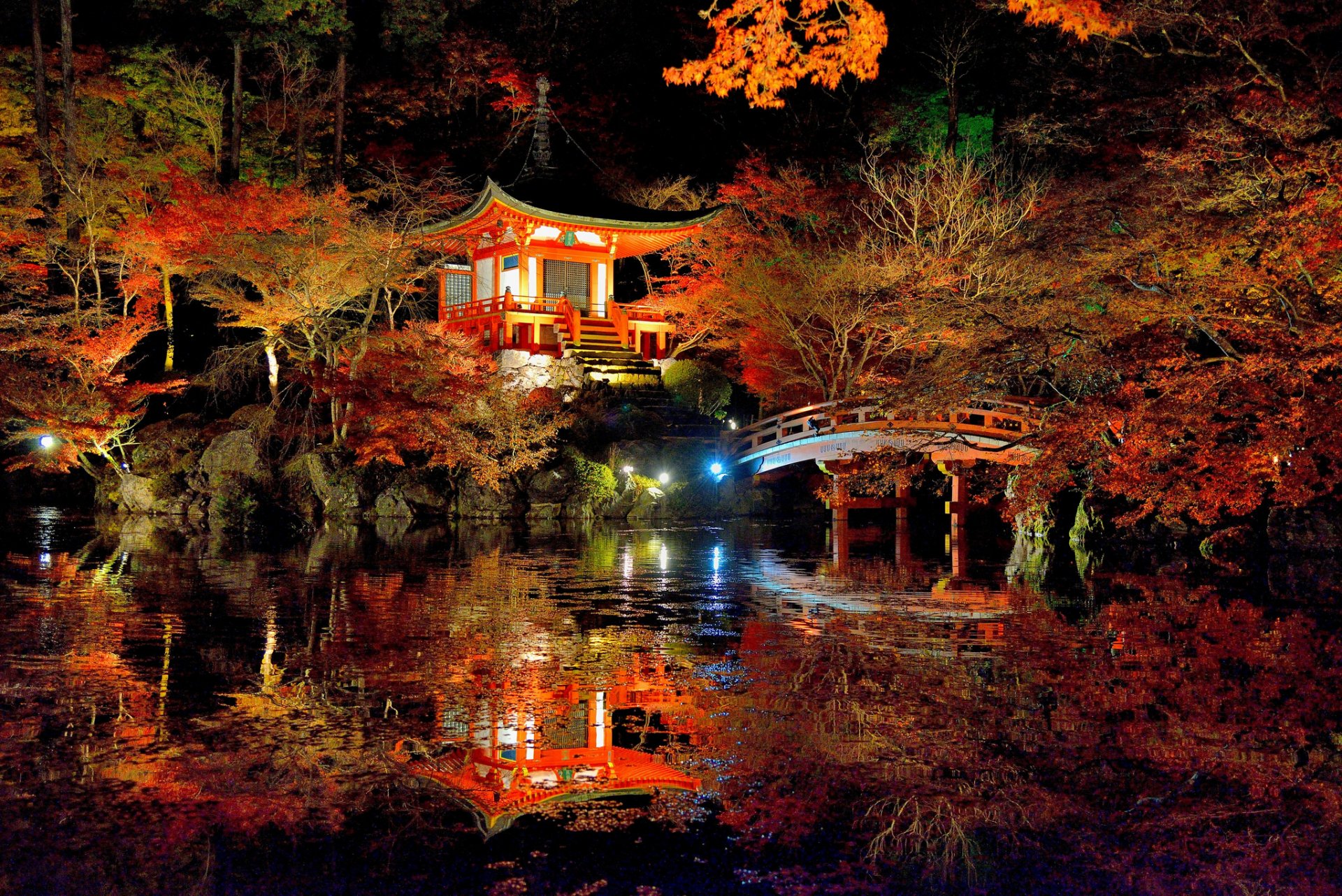 japón daigoji kyoto lago parque árboles sakura reflexión