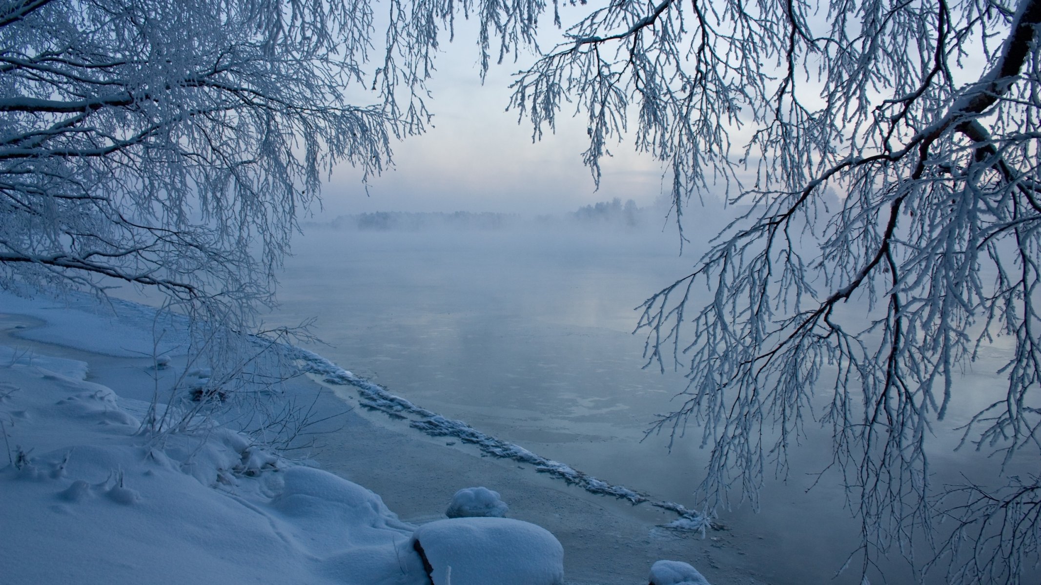 winter schnee fluss eis dunst bäume