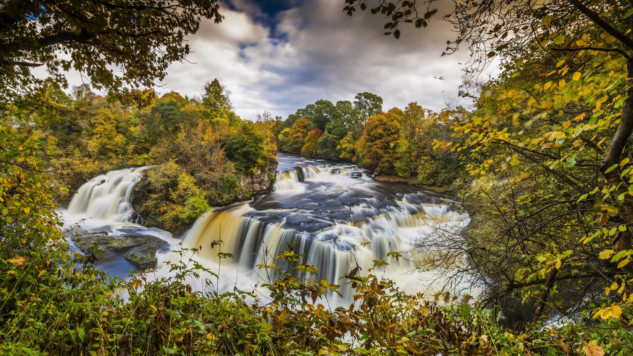 escocia bosques del valle de clyde otoño bosque río corriente cascada cascada piedras árboles ramas hojas