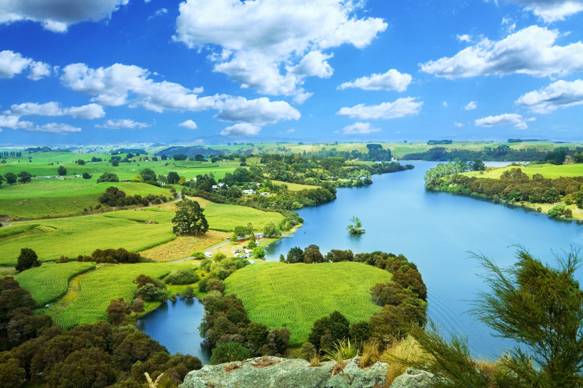 natur bäume häuser fluss landschaft