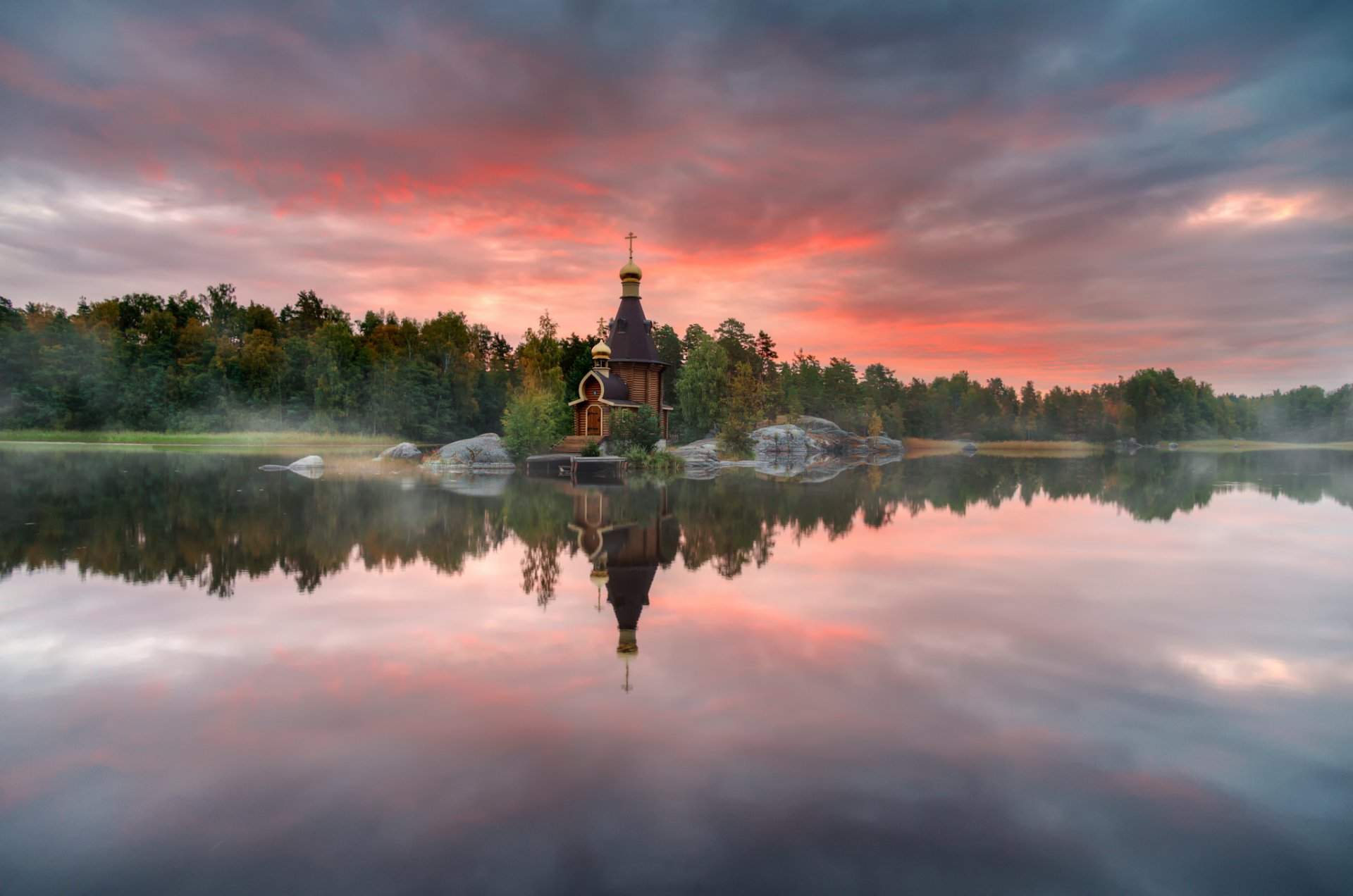 vuoksa russia the beginning of autumn temple river