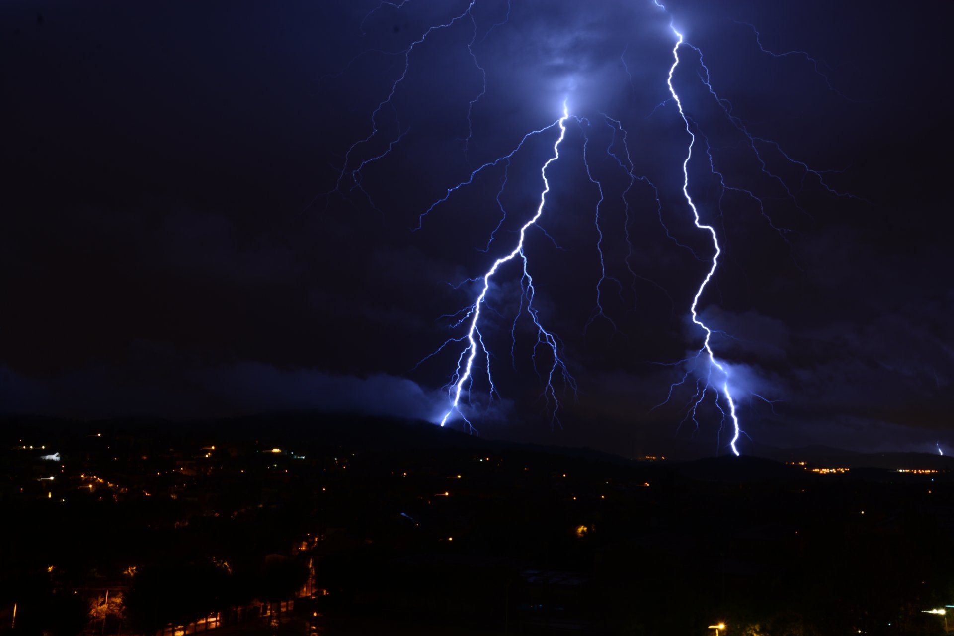 nature night town lightning sky