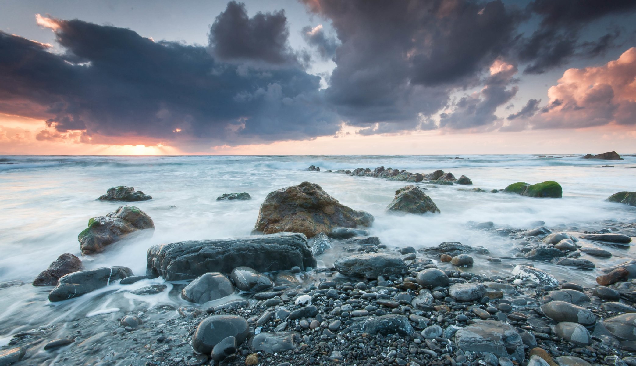 ky clouds clouds sunset sea shore rocks landscape