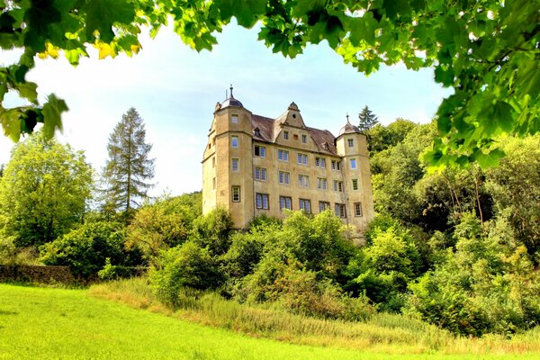 Ancien château noyé dans la verdure des arbres