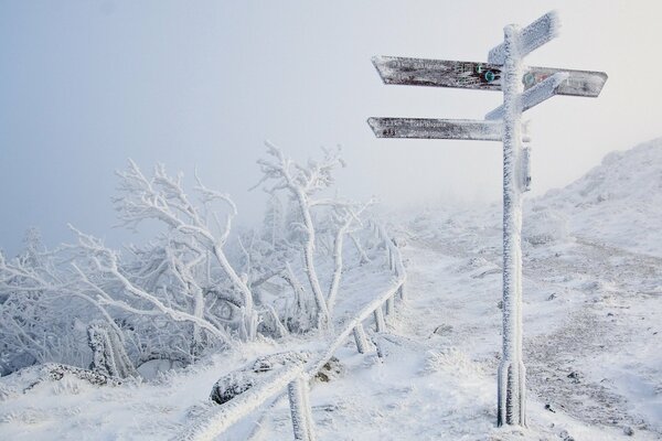 Sur la route est un signe couvert de givre