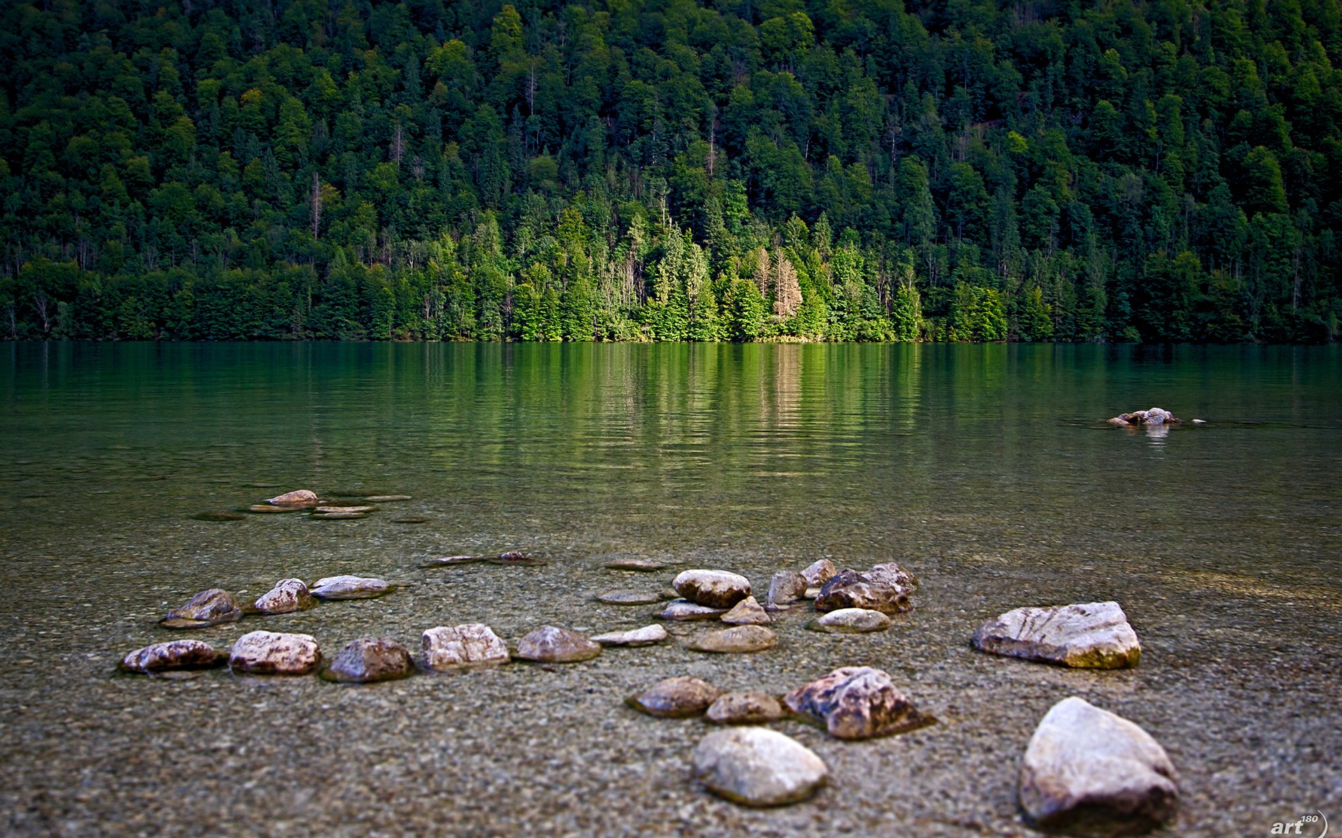 montagnes forêt lumière lac pierres