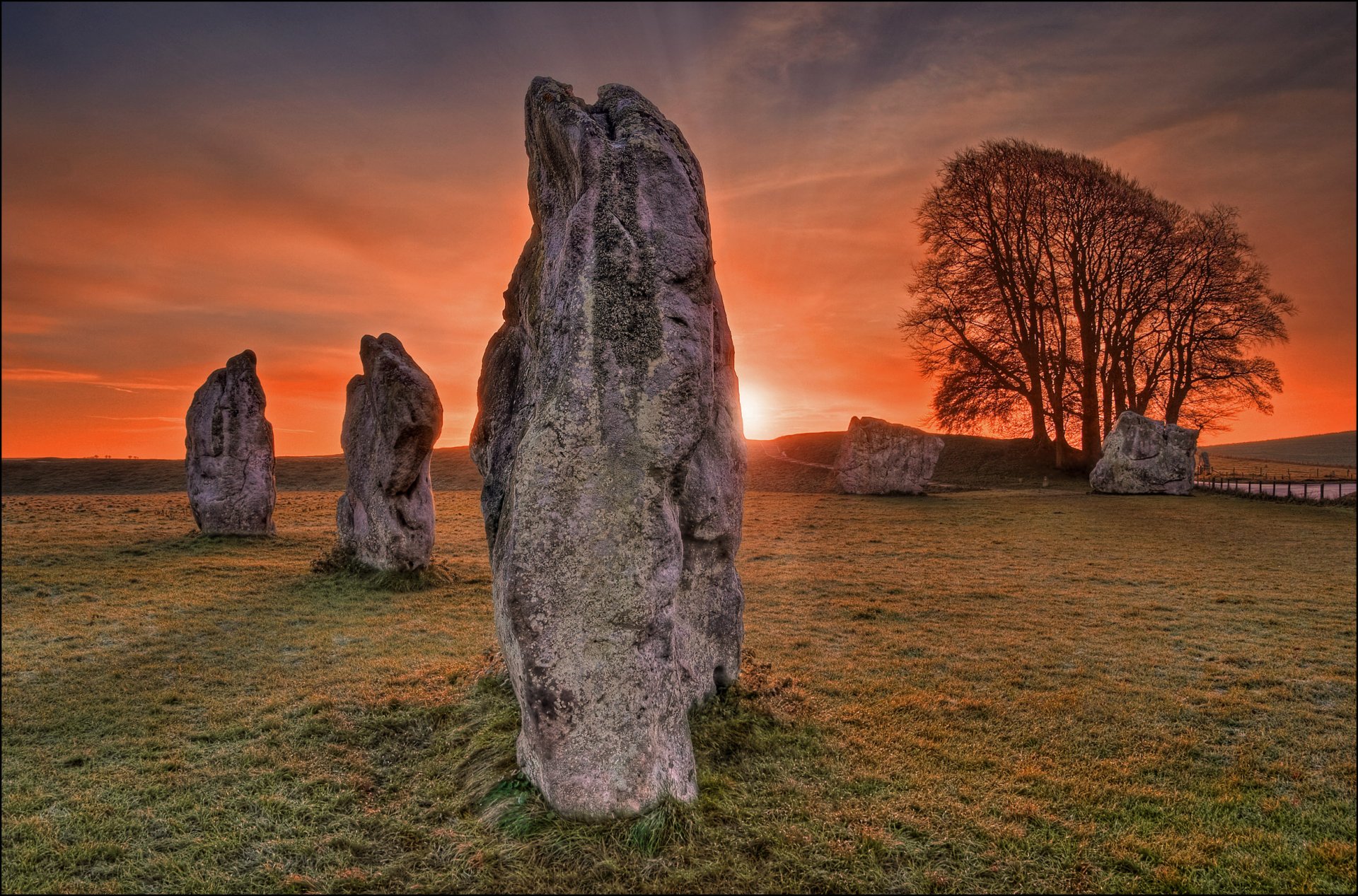 ky clouds grass sunset the field stones tree landscape megalith ray