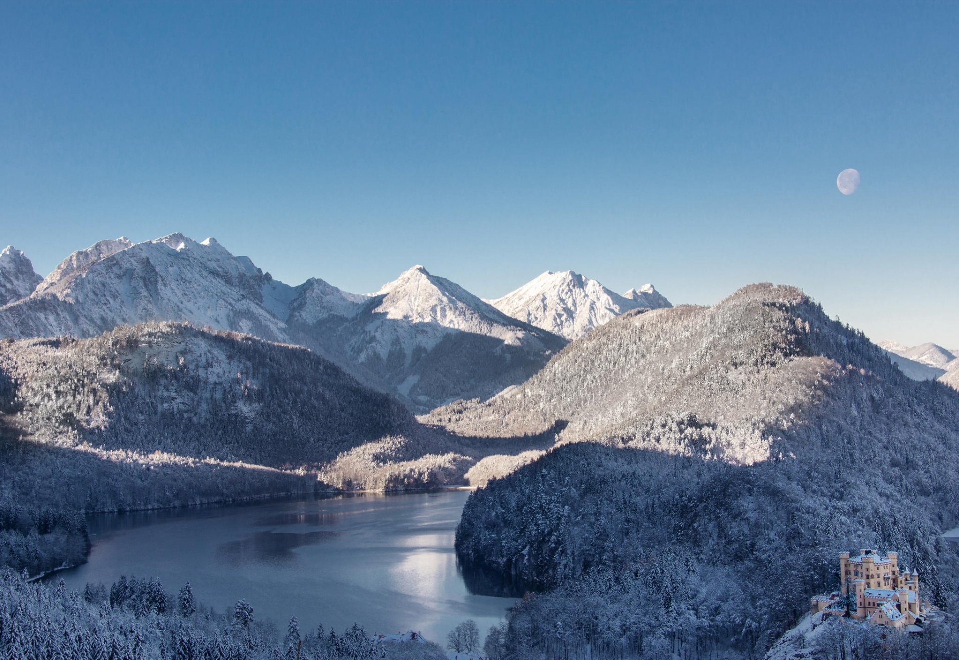 natur winter wald schnee berge see schloss