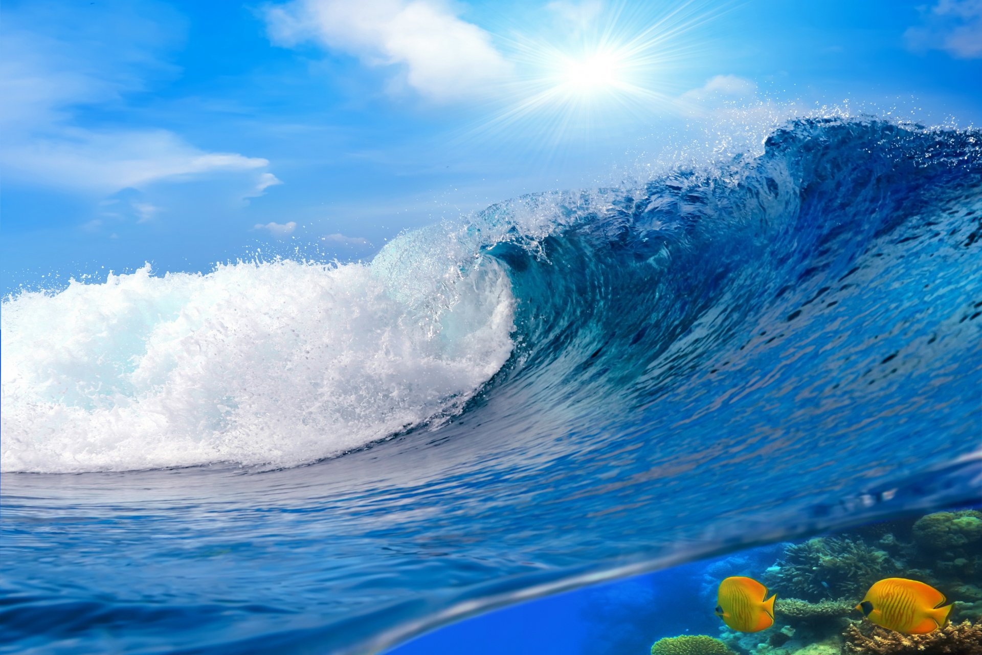 ocean wave blue sea sky splash water