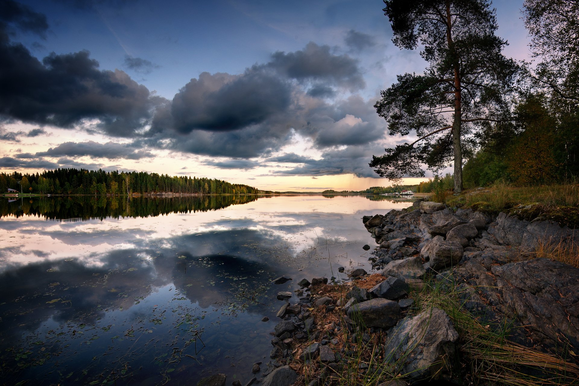 soirée rivière forêt nuages réflexion