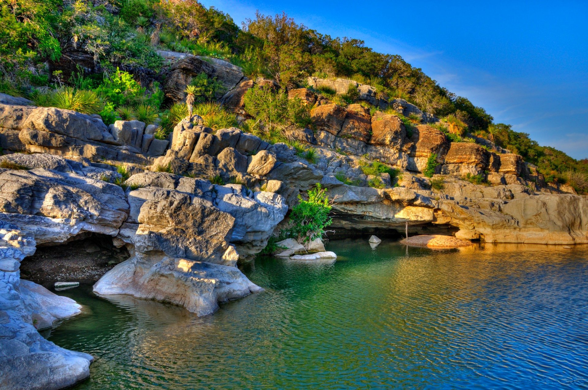 texas usa himmel sonnenuntergang felsen steine meer see