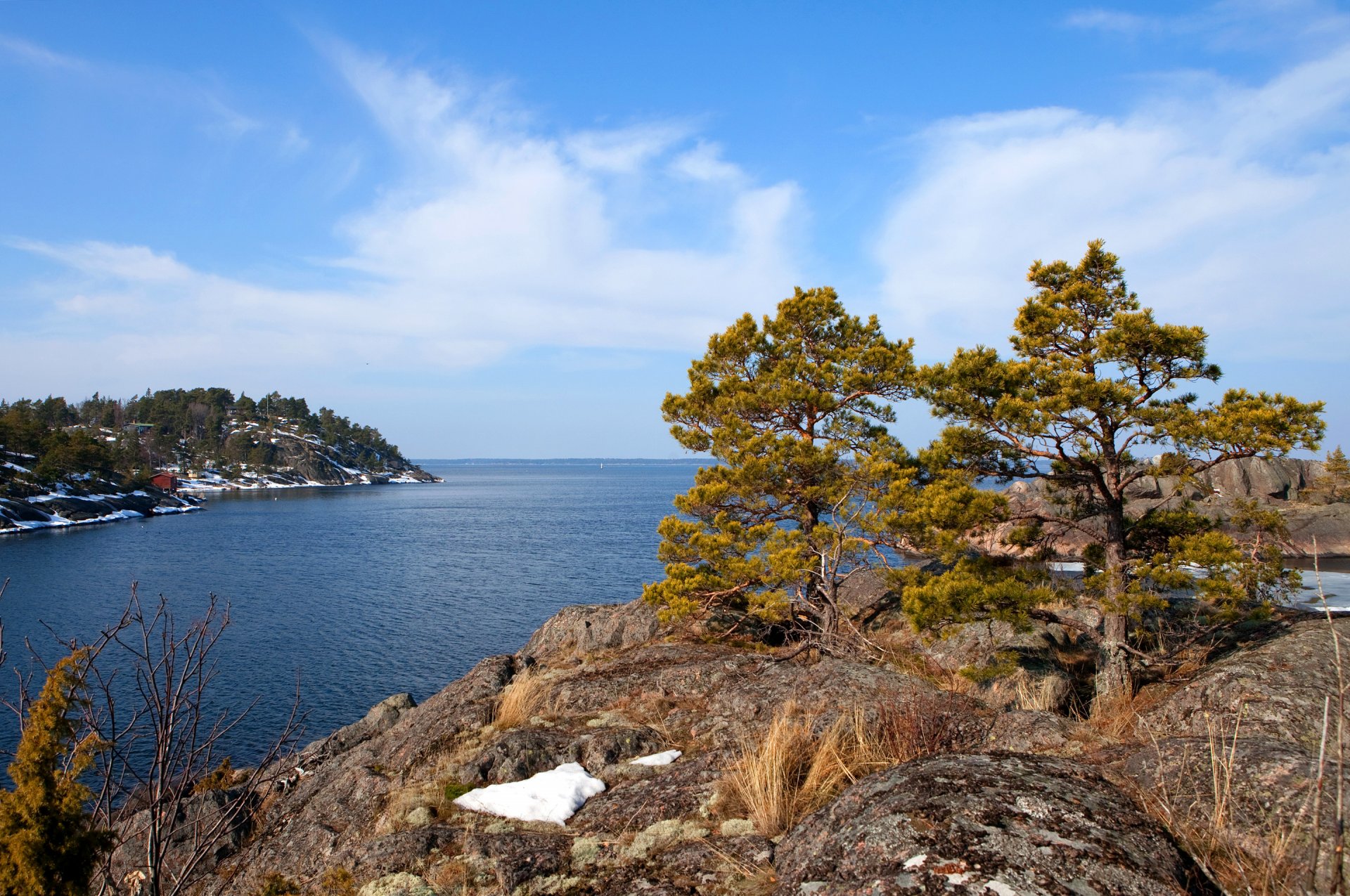 svezia cielo nuvole mare roccia alberi