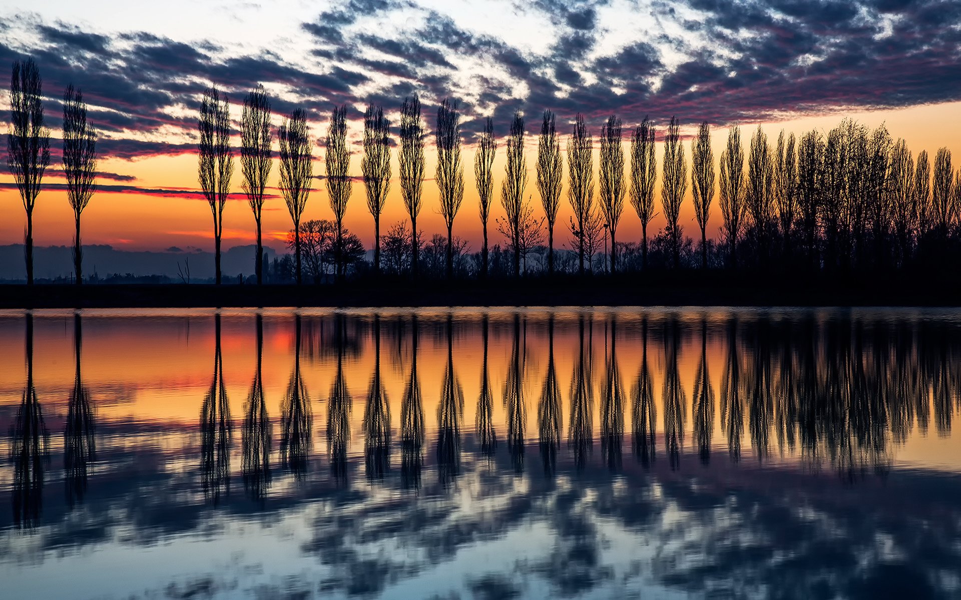 italien abend sonnenuntergang himmel bäume pappeln silhouetten wasser reflexionen