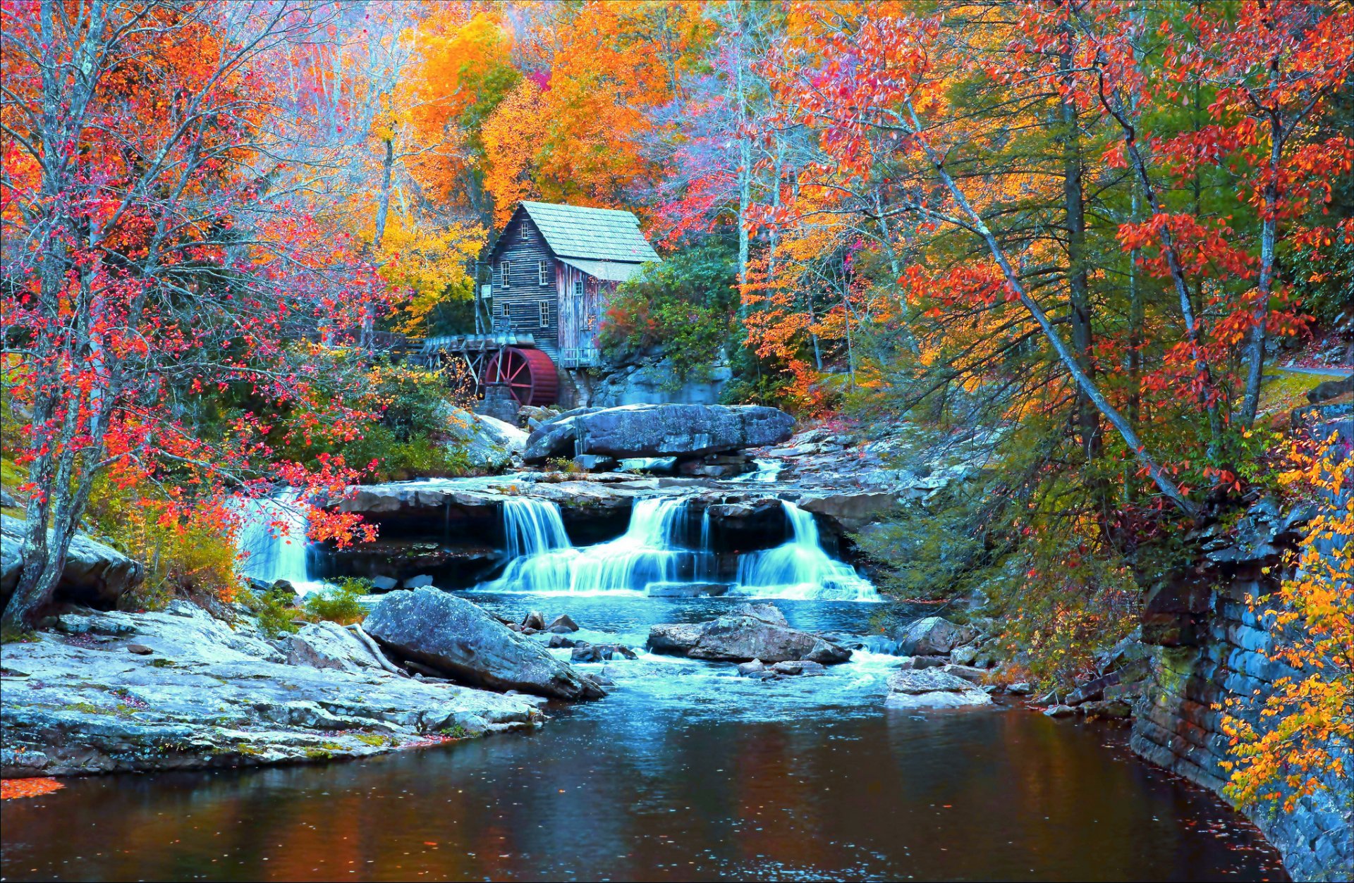 états-unis parc babcock automne forêt arbres maison rivière pierres cascade