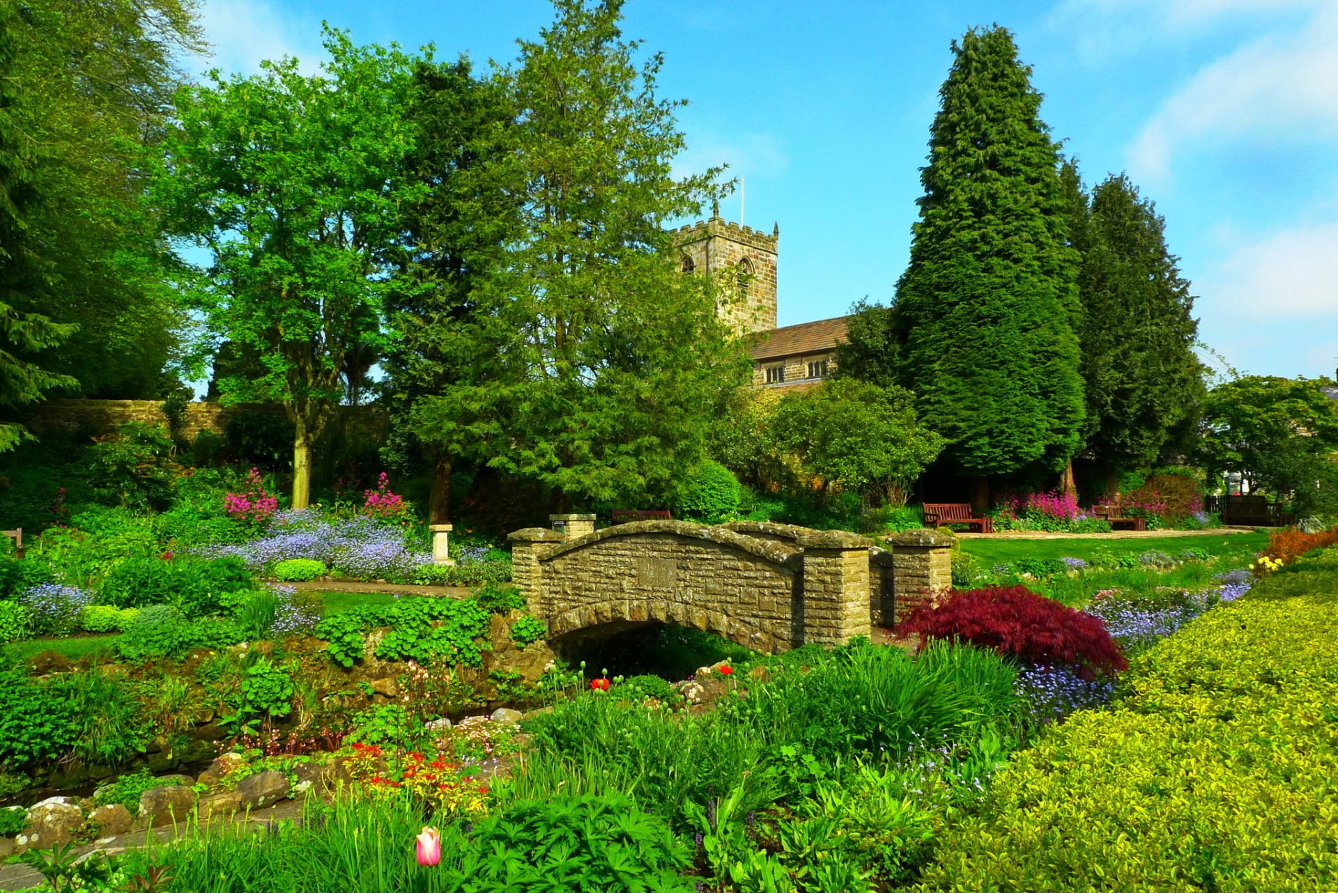 sommer garten blumen brücke schloss