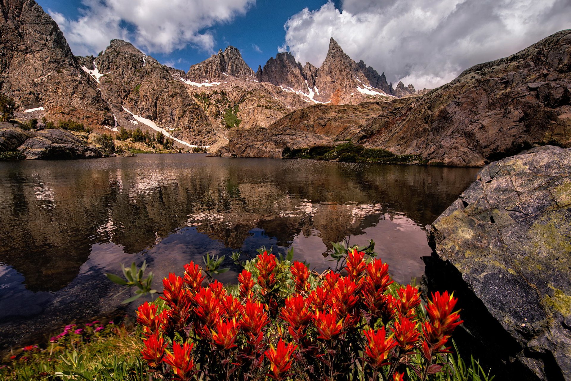 estados unidos estado california sistema montañoso sierra nevada verano julio montañas lago minarete flores