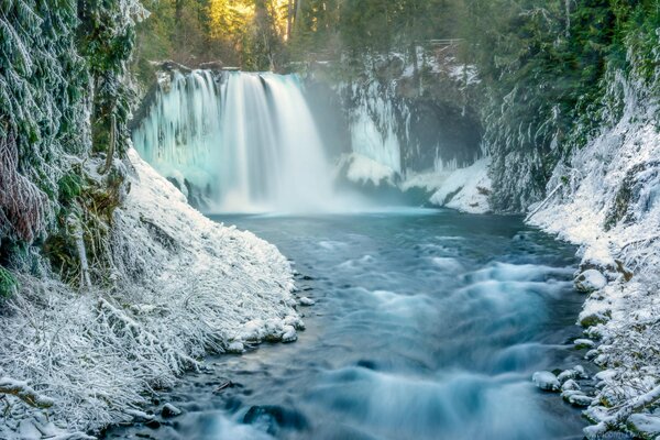 Зимняя река с водопадом между заснеженными деревьями
