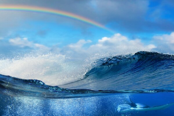 Rainbow in the sky above the blue sea wave