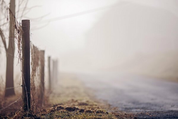 Route le long de la clôture dans le brouillard