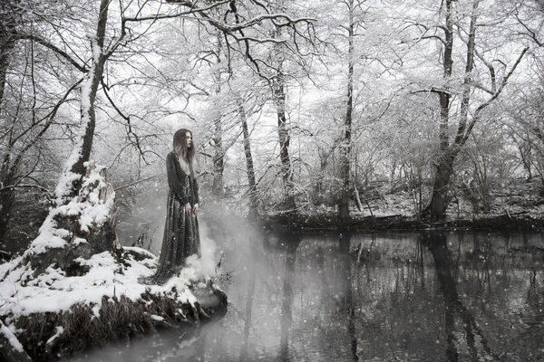 Reina de invierno, niebla en el río