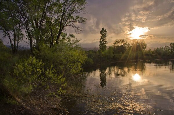 Lago tranquilo con los rayos del sol