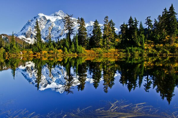 Reflection of the sky and mountains in the lake