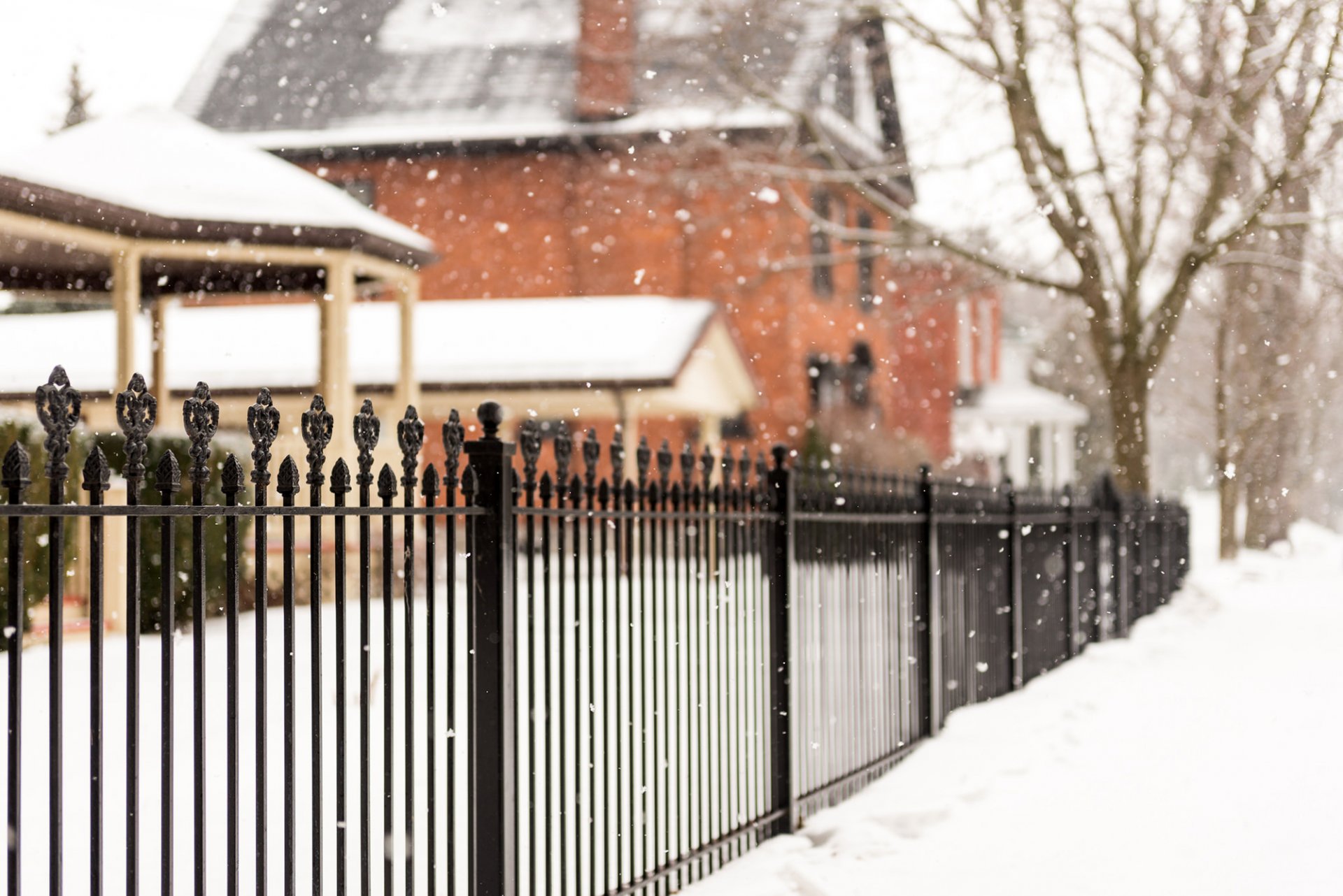 fence fence metal houses trees snow snowflakes winter nature