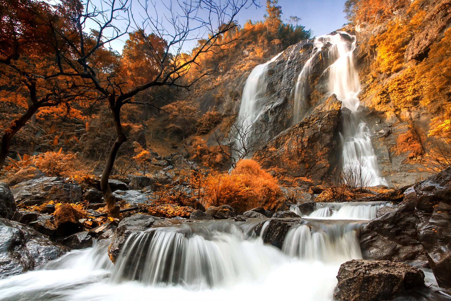 automne forêt roches cascade ruisseau