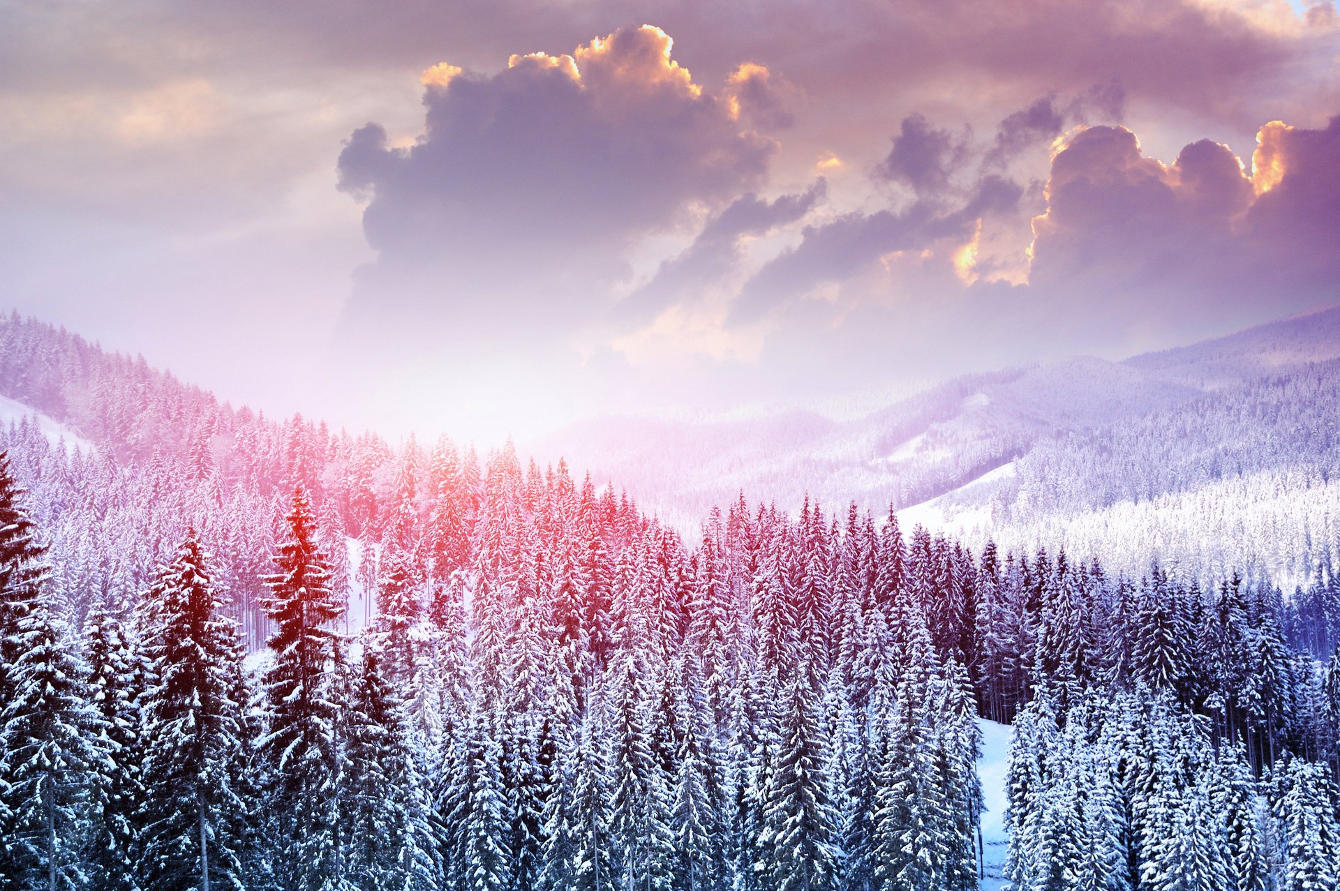 natur landschaft winter schnee bäume berge wald himmel wolken