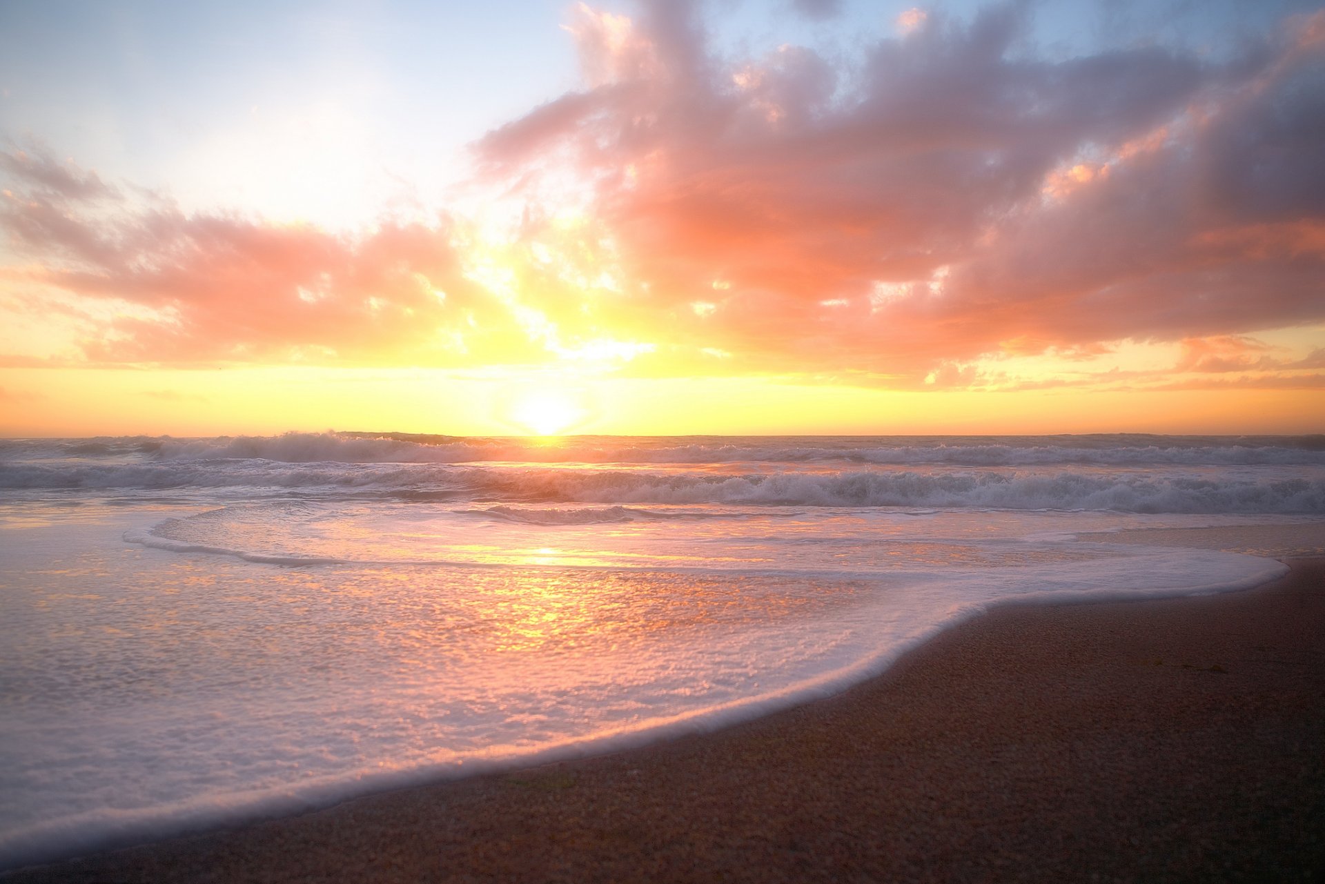 beach sea waves sun clouds pink dawn