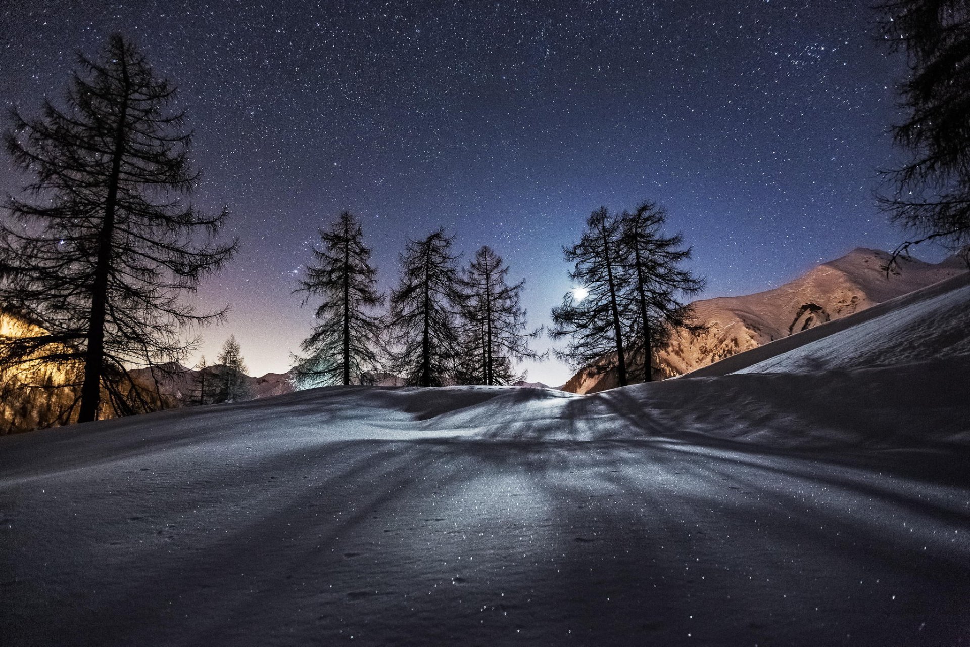 inverno neve montagne alberi notte stelle