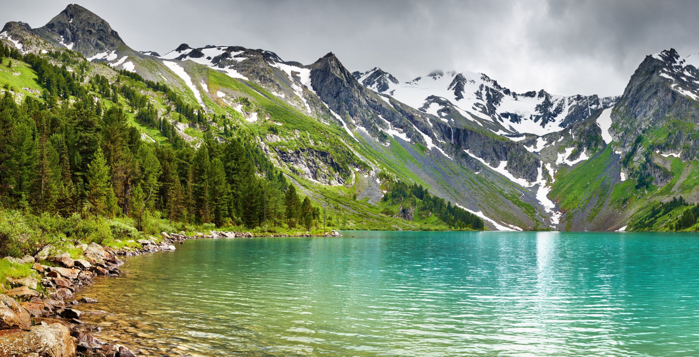 mountain lake forest tops snow nature