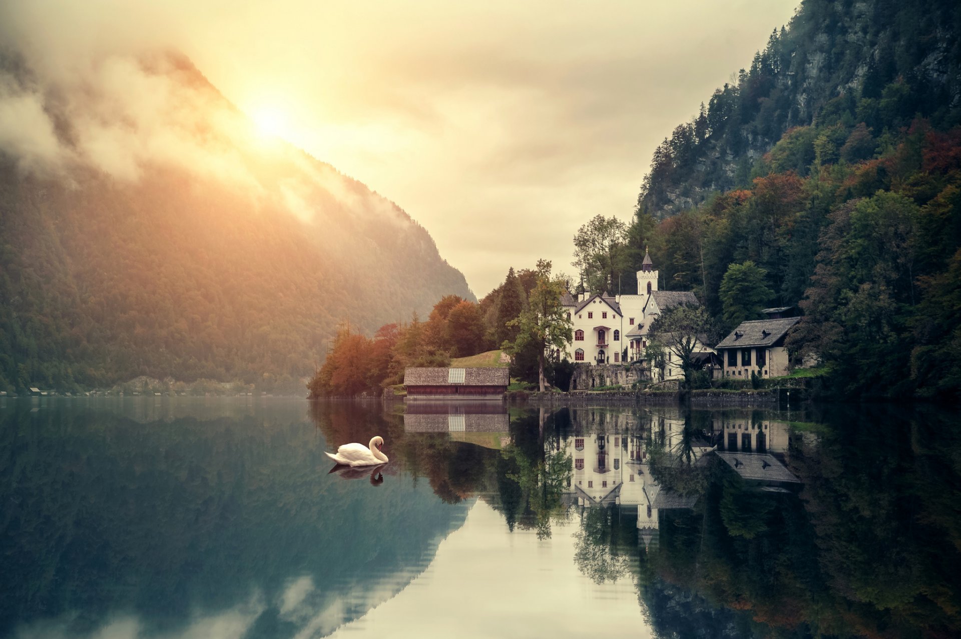 montañas lago casas cisnes bosque naturaleza