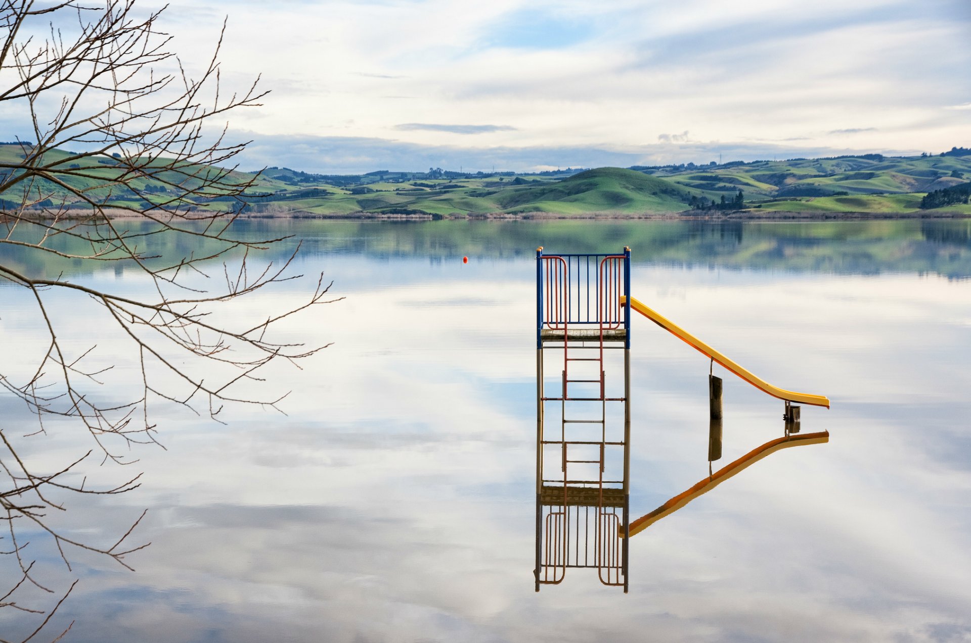 nuova zelanda lago riva albero rami natura colline verde cielo nuvole riflessione