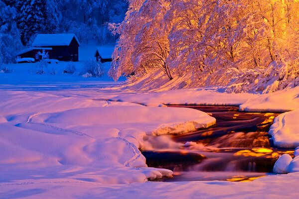 Frozen river in ancient times in the light of a lantern