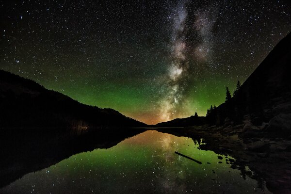 Фотография звёздного неба и озера. Млечный путь