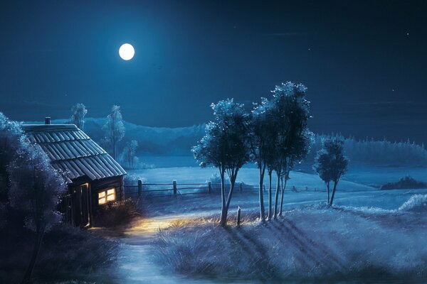 A house and a field against the background of the night sky and a bright moon
