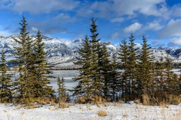 Parque nacional de Canadá lago cubierto de nieve entre bosques y montañas