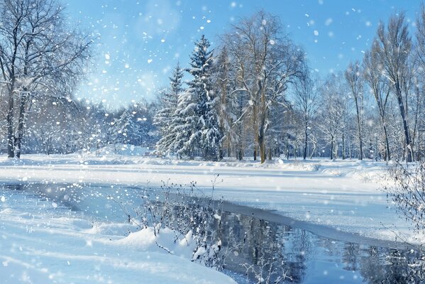 Paisaje de cielo invernal y lago