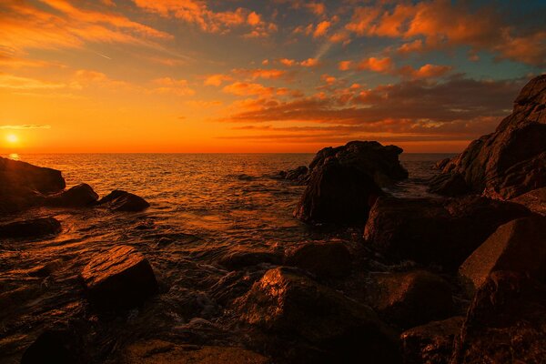 Fiery sunset in the rocks