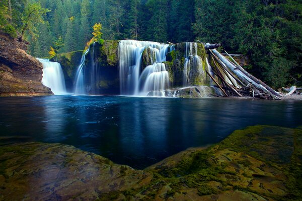 A beautiful waterfall in the forest flows into the river